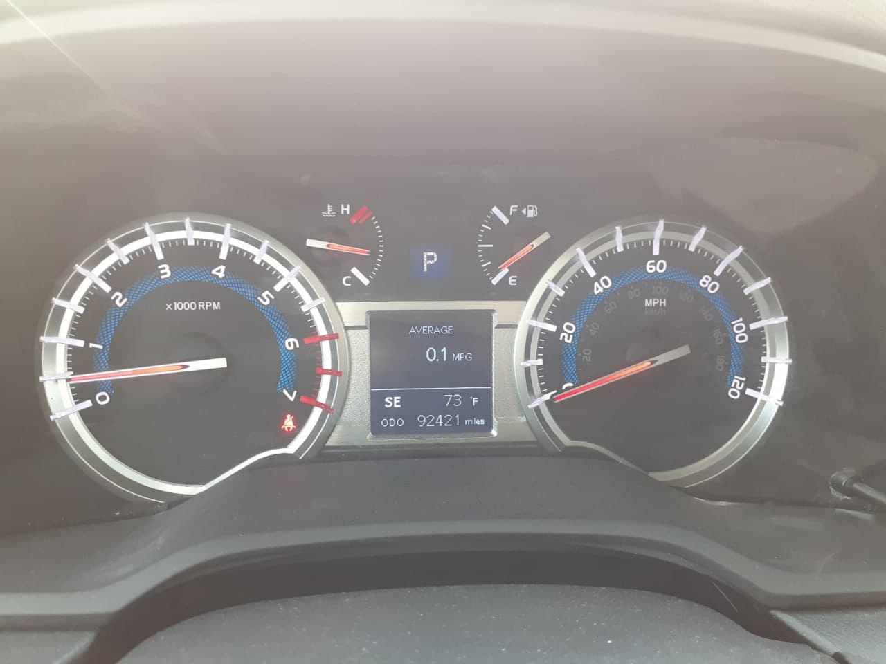 The instrument gauges are showing