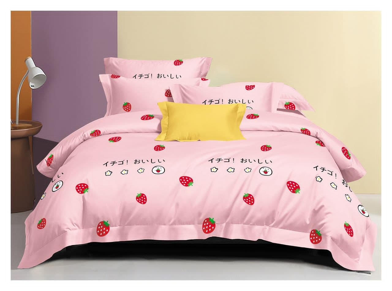 Bed with pink comforter and