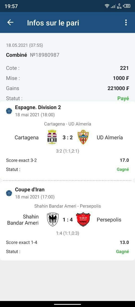 Je vous présente à nouveau mon coupon du jour gagant.
Vous êtes fatiguée de perdre au pari foot, vou