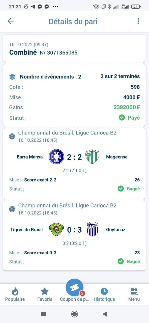 Côte 598 validée✅✅
Pour le coupon de demain écrivez moi ici pour réservervos places.
NB: CELUI