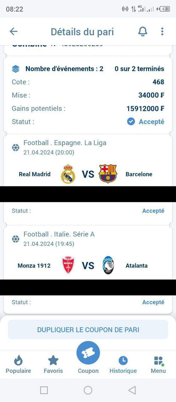 💯LE COUPON DU JOUR💯
🔱cotes : 468
Mise personnel: 34000 FCFA
Gain potentiel: 15912000FCFA
💰