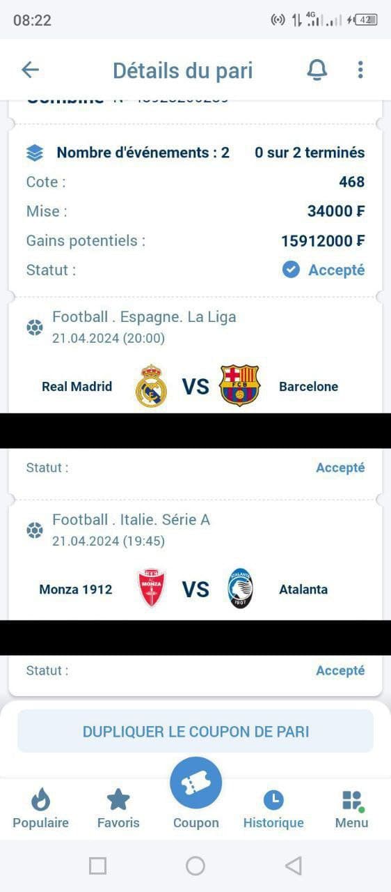 💯LE COUPON DU JOUR💯
🔱cotes : 468
Mise personnel: 34000 FCFA
Gain potentiel: 15912000FCFA
💰