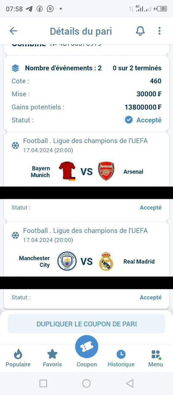 💯LE COUPON DU JOUR💯
🔱cotes : 460
Mise personnel: 30000fcfa
Gain potentiel: 13600000FCFA
💰 pr